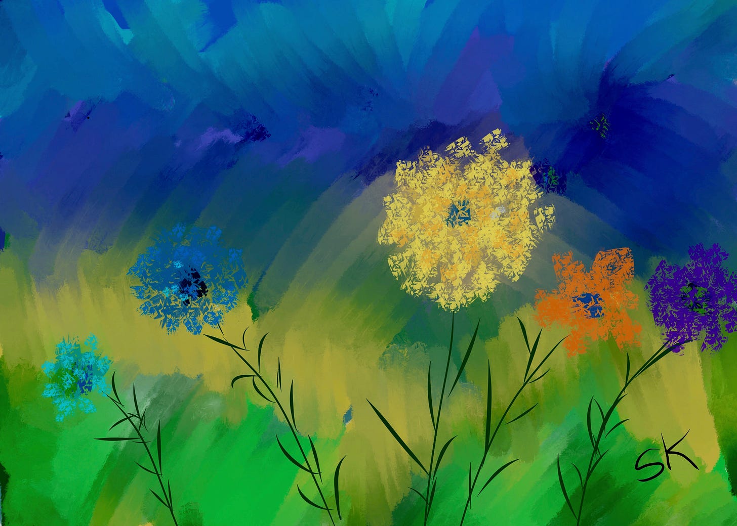 Whimsical digital painting by Sherry Killam Arts featuring five flowers against a yellow green meadow and dark blue sky. Whimsical digital painting by Sherry Killam Arts featuring five flowers against a yellow green meadow and dark blue sky.