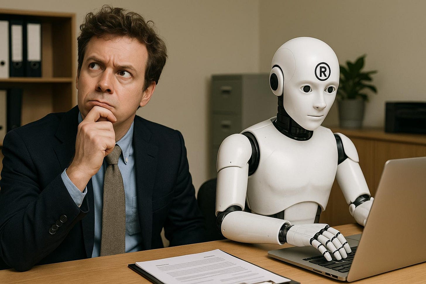 Human and AI Robot Collaborating in Office Human and AI Robot Collaborating in Office