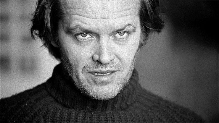 Jack Nicholson ad-libs a death stare in The Shining (1980), solidifying his role as Hollywood's scariest creep. Jack Nicholson ad-libs a death stare in The Shining (1980), solidifying his role as Hollywood's scariest creep.