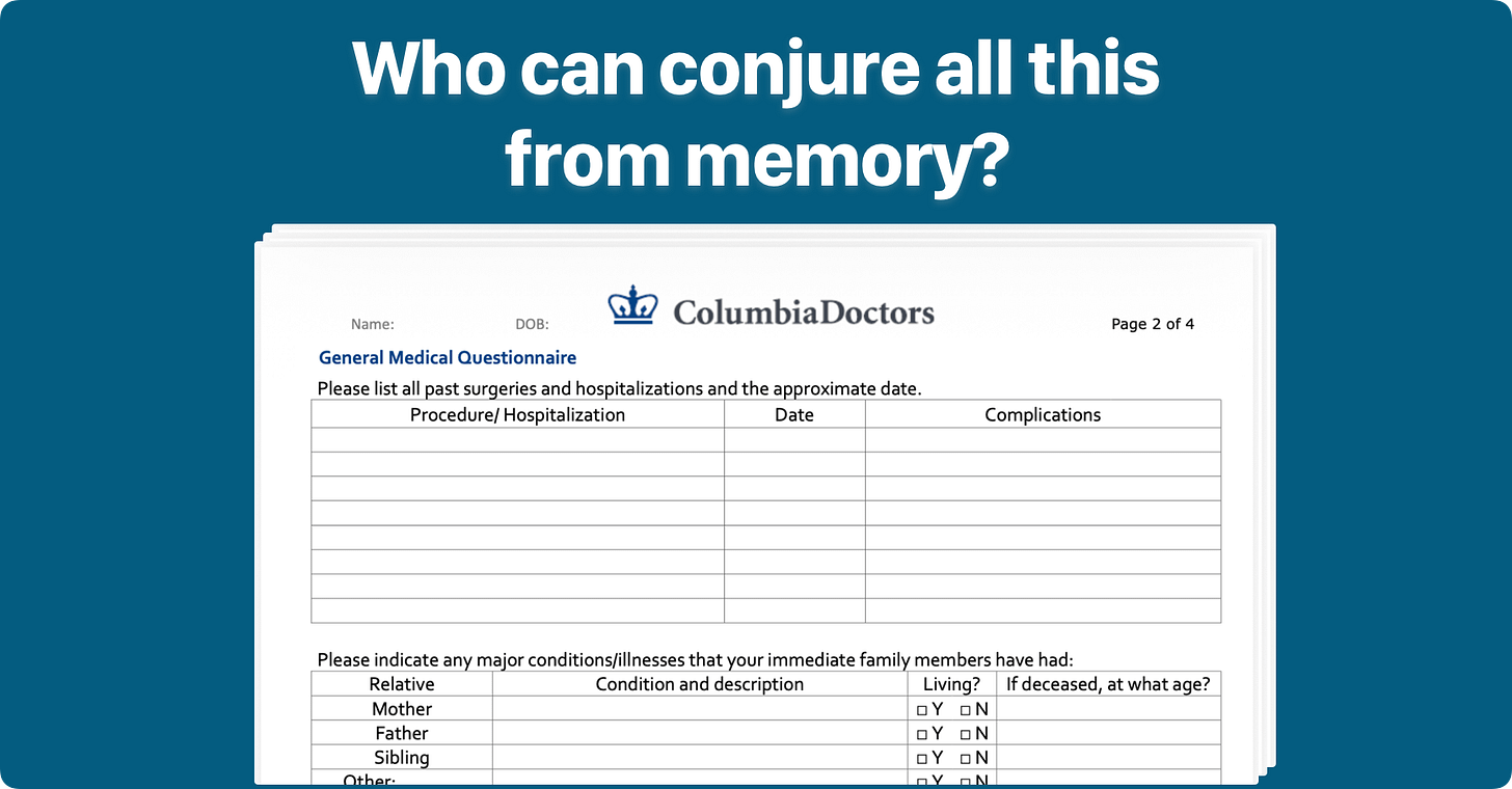 Medical intake form asking for past surgeries and hospitalizations as well as family history