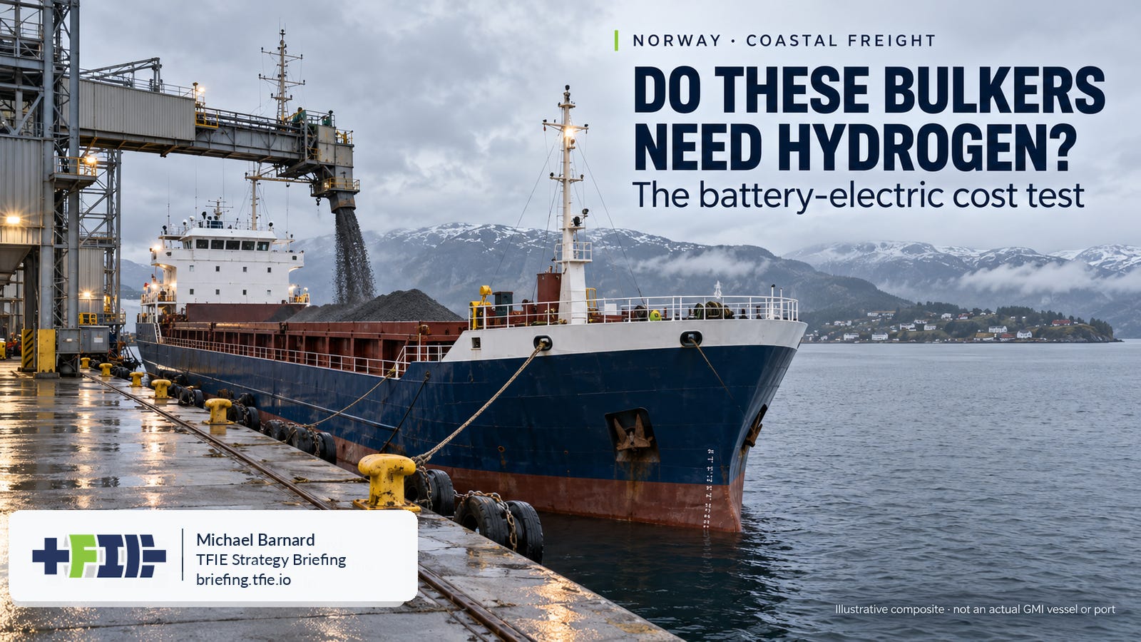 A small coastal dry-bulk ship beside a loading conveyor at a wet fjord-side quay, with mountains beyond. The image headline asks whether these ships need hydrogen; TFIE Strategy Briefing branding appears at lower left. Illustrative, not a GMI ship or port.