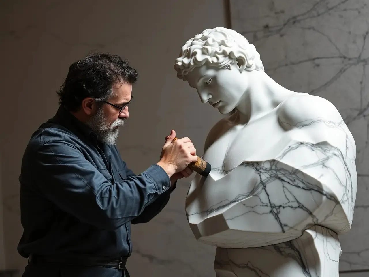 A sculptor chisels a marble statue, revealing a muscular human form emerging from rough stone. The background is muted, focusing attention on the act of carving and the transformation from raw material to defined shape. A sculptor chisels a marble statue, revealing a muscular human form emerging from rough stone. The background is muted, focusing attention on the act of carving and the transformation from raw material to defined shape.