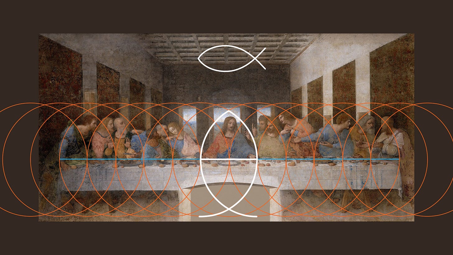 The “Jesus Fish” and the twelvefold division of The Last Supper table by the “Vessel of the Fish” (Vesica Piscis) and its indwelling Immortal Son – the Radius. (Illustration by Lori Tompkins, 2026).