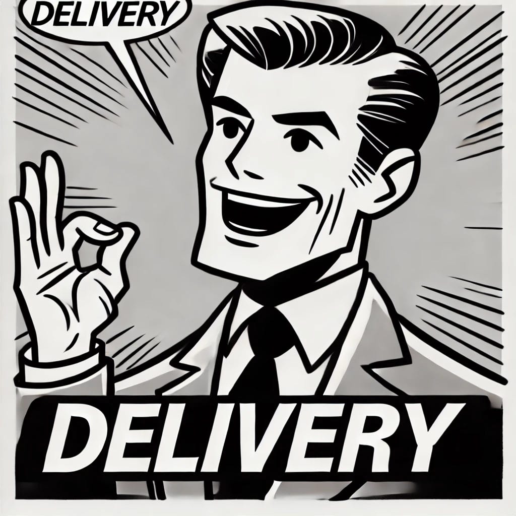 Black and white cartoon drawing in the same style as before, zoomed in on the face of the presenter character. The character is speaking passionately, with a confident expression and open mouth. The word 'delivery' is written in bold letters above the character’s head. The drawing is simple, with exaggerated cartoon features and expressive linework, maintaining a humorous tone.