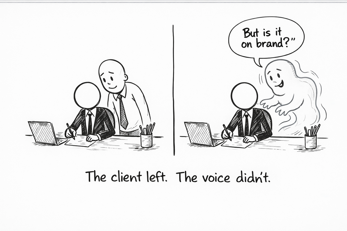 Hand-drawn whiteboard illustration showing a before-and-after writing scene: on the left, a stick figure writes at a desk while a client looks over their shoulder; on the right, the client appears as a ghost asking “but is it on brand?”, symbolizing how professional conditioning and client-approved voice linger even after client work ends.