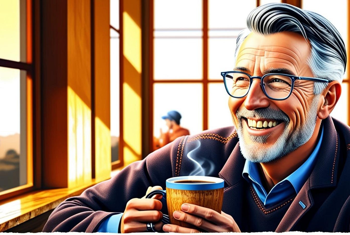 Illustration of a man smiling while holding a cup of coffee and looking out of a window on a sunny morning