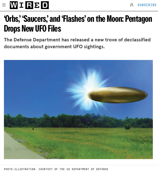 Screenshot of WIRED magazines coverage of the Pentagon releasing first traunch of UFO files Screenshot of WIRED magazines coverage of the Pentagon releasing first traunch of UFO files