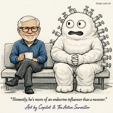 Cartoon with user caricature and insulin monster with dark blue handwritten signature
