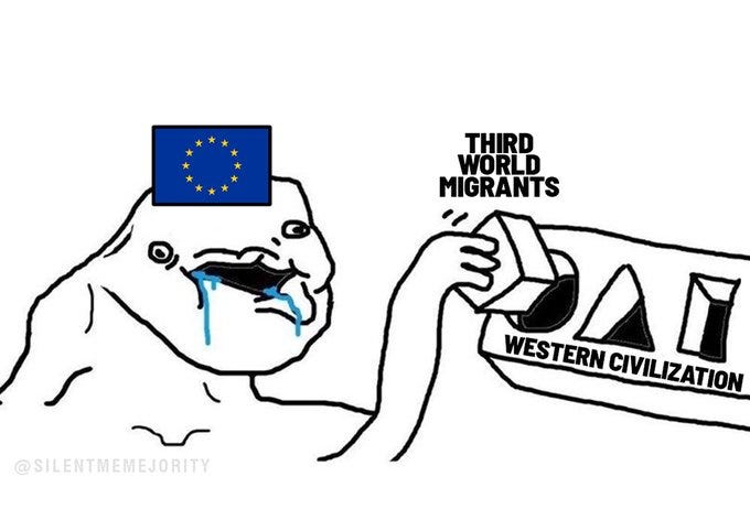 A cartoon figure with the European Union flag on its head, crying with tears. The figure holds a block labeled "Western Civilization" while another block labeled "Third World Migrants" is being removed. Text overlays read "THIRD WORLD MIGRANTS" and "WESTERN CIVILIZATION." A watermark "@memejority" is present.