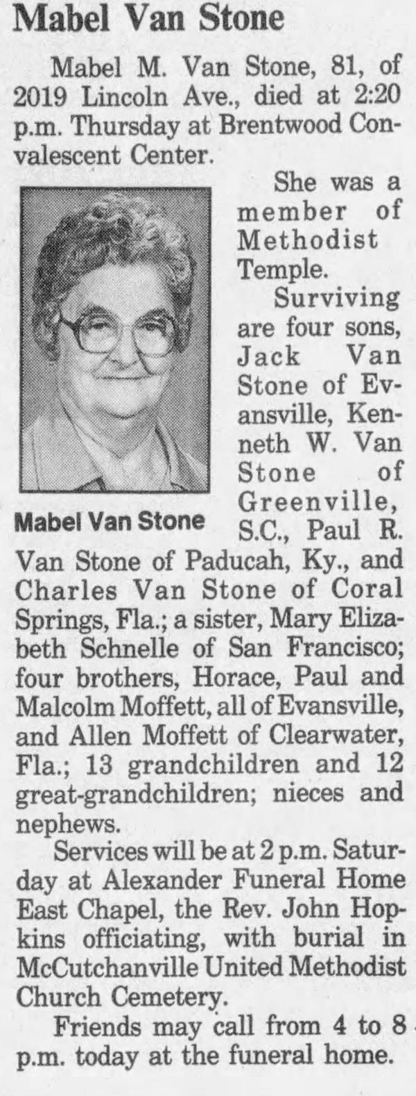 Newspaper obit for Mabel Van Stone