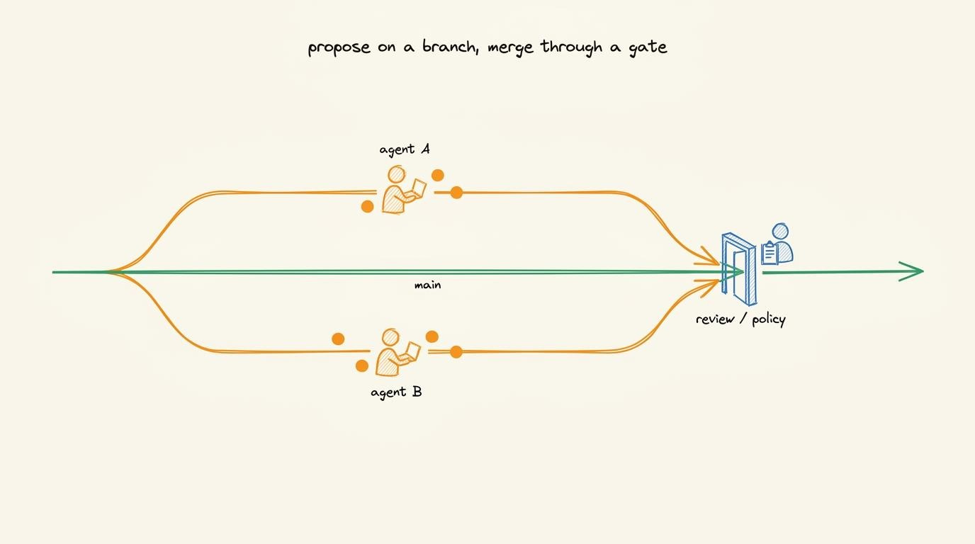 A clean main line with two agent branches forking off to work in parallel, each rejoining only through a single review gate
