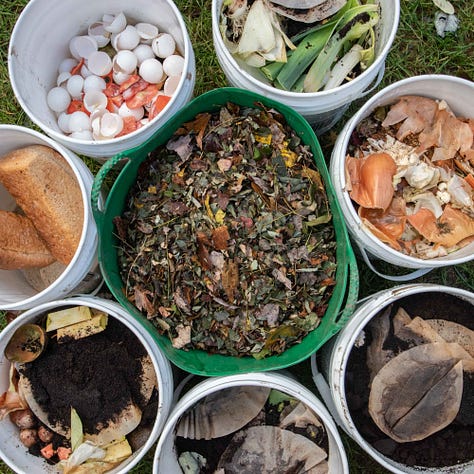 Triptych. Left and right a white rectangular bucket of compost; Central image is a bucket of leaves surrounded by seven buckets of compost.