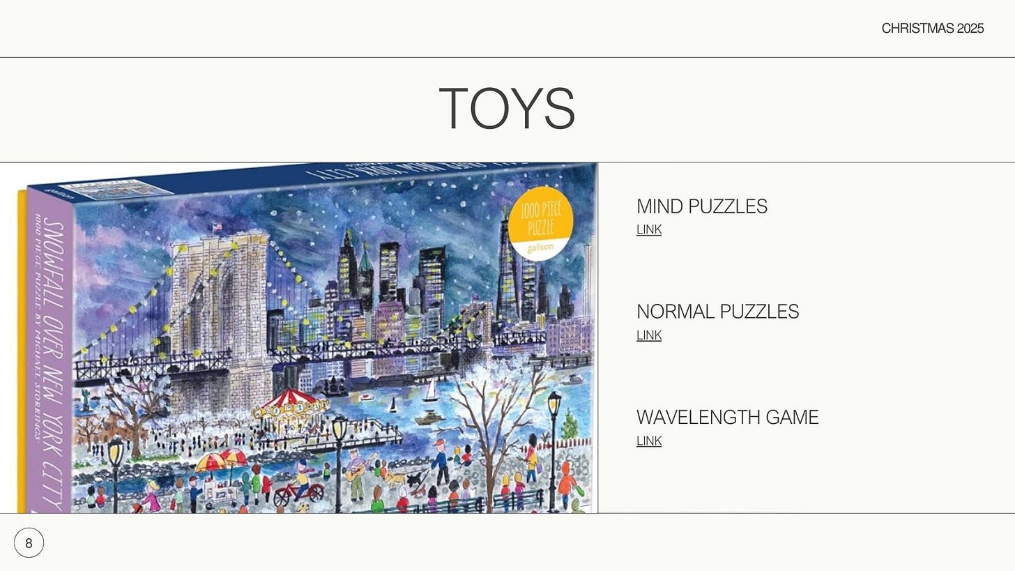 Toys slide includes mind puzzles, jigsaw puzzles, and a game. 