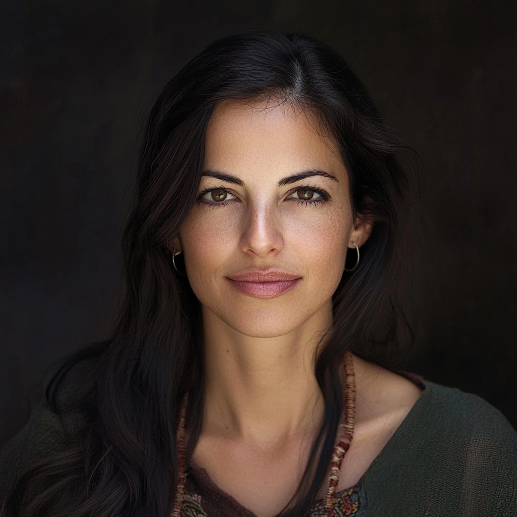 A reimagined portrait of Liat Portal, created using MidJourney. The image showcases a poised individual with dark hair, wearing simple yet elegant attire, exuding calm confidence against a soft, neutral background.