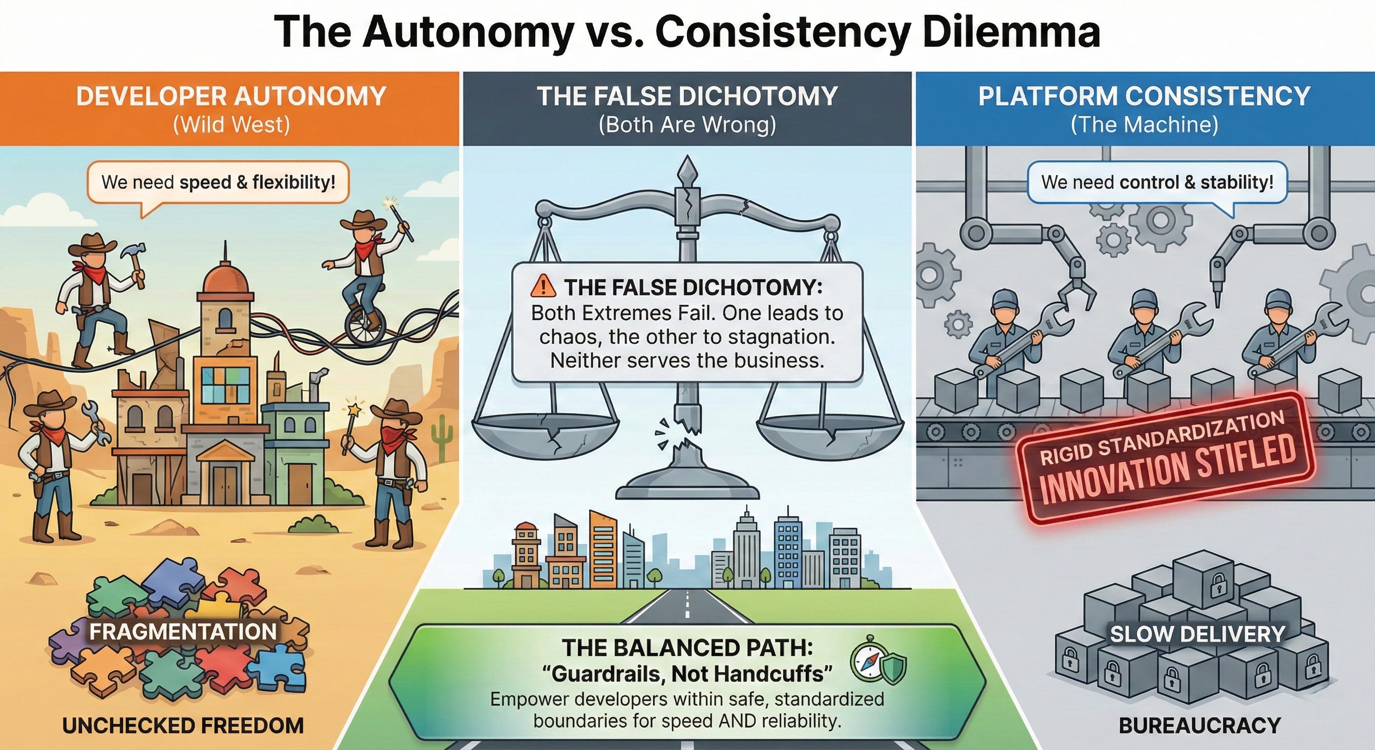 Developers want autonomy. Platform wants consistency. Both are wrong.
