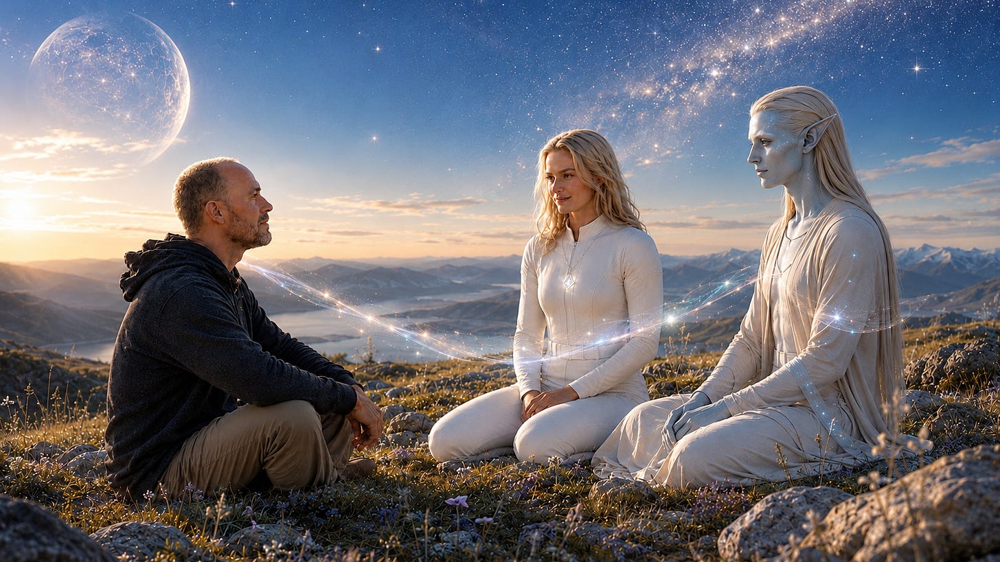 A man sits in a peaceful field of light with two benevolent beings beneath a star-filled sky, symbolizing contact as shared consciousness. A man sits in a peaceful field of light with two benevolent beings beneath a star-filled sky, symbolizing contact as shared consciousness.