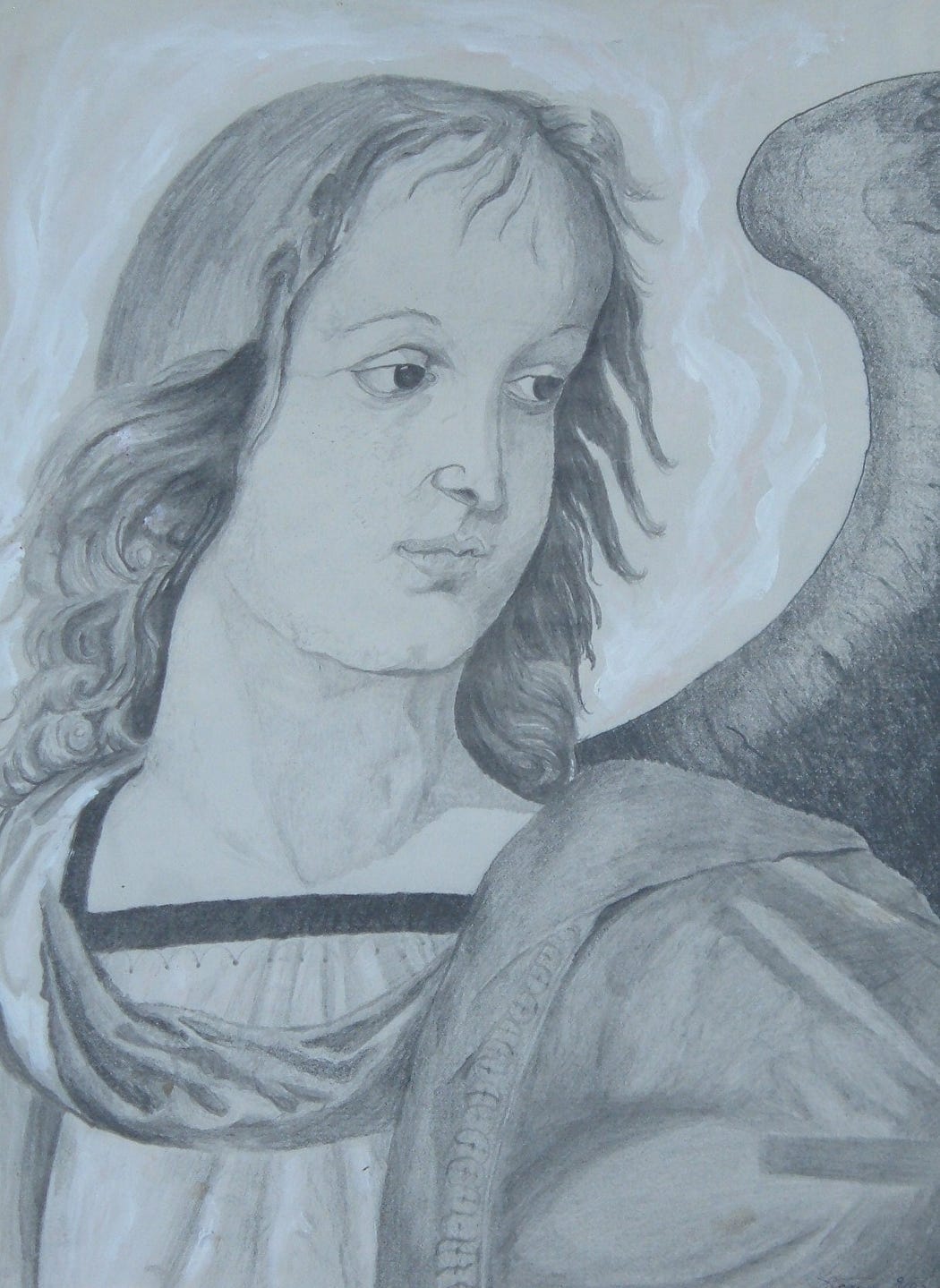 A black and white drawing of an angel.