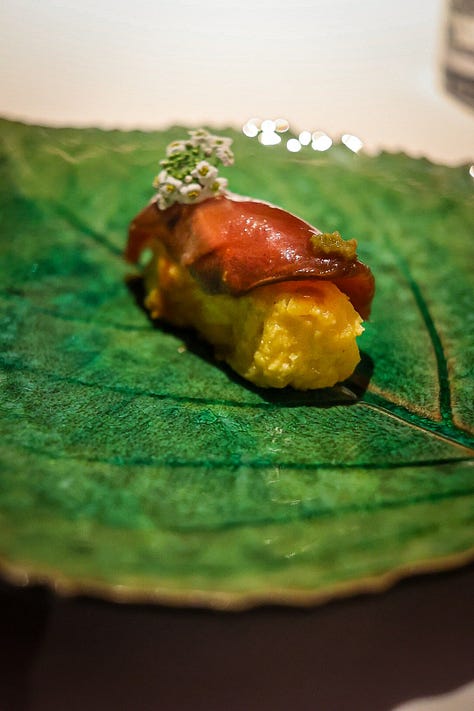 First to last: langoustine nigiri, Milanese nigiri and squid lardo