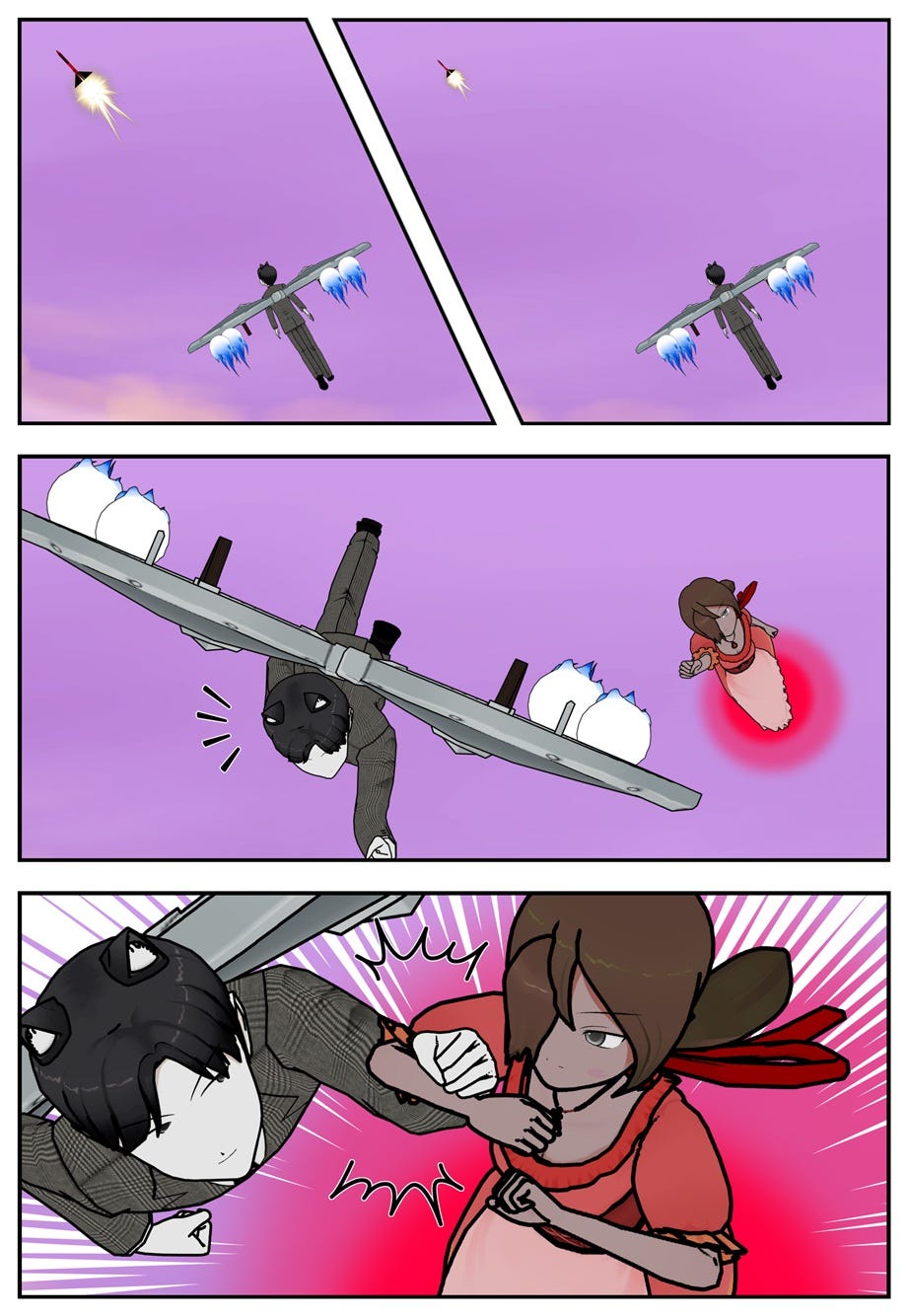 Ace is not fast enough to reach the missile, but Jackie catches up to him and hooks her arm through his.