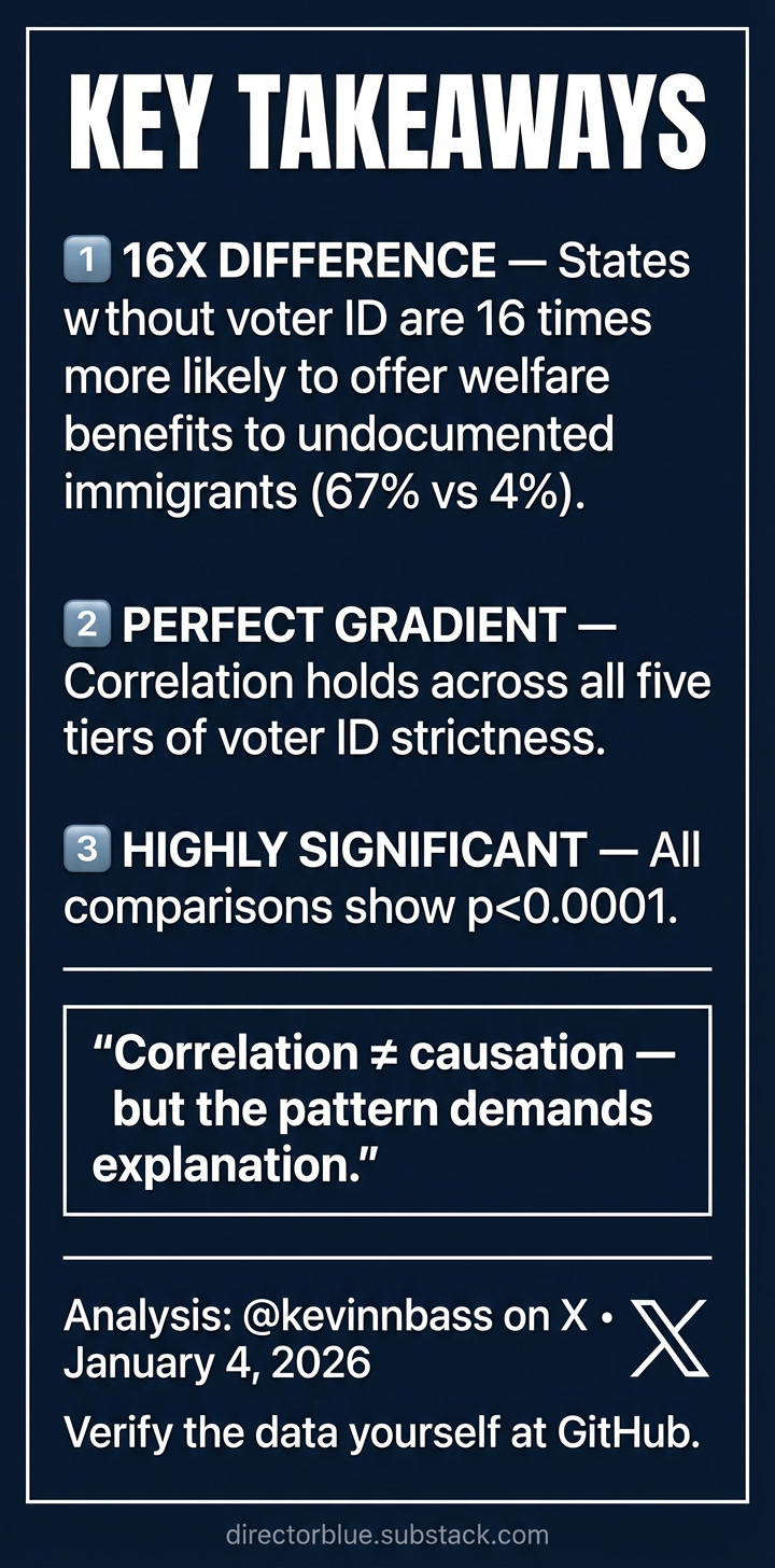  56 A 1x2 vertical infographic serving as the conclusion Dark navy background with white text Title KEY TAKEAWAYS Three numbered points with bold emphasis 1 16X DIFFERENCE  States without voter ID are 16 times more likely to offer welfare be_image_1