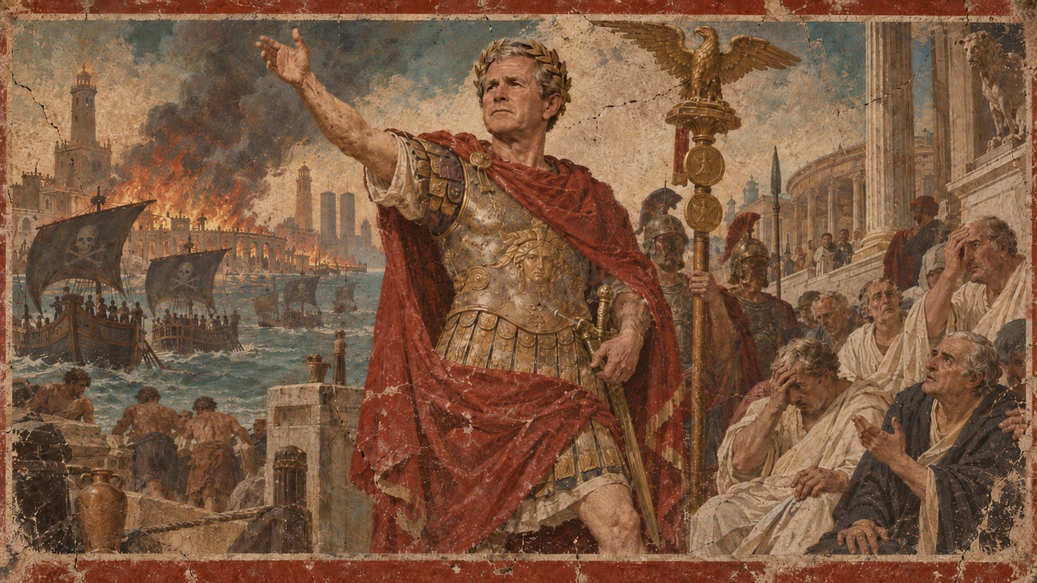 Ilustración satírica con el estilo de un fresco mural romano antiguo. En el centro, George W. Bush aparece como Pompeyo, con corona de laurel, armadura y capa roja, levantando un brazo en un gesto de mando. Detrás de él, un puerto arde, varios barcos piratas navegan sobre aguas agitadas y las siluetas de las Torres Gemelas se distinguen débilmente entre el humo del fondo. A la derecha, senadores romanos angustiados y soldados contemplan la escena.