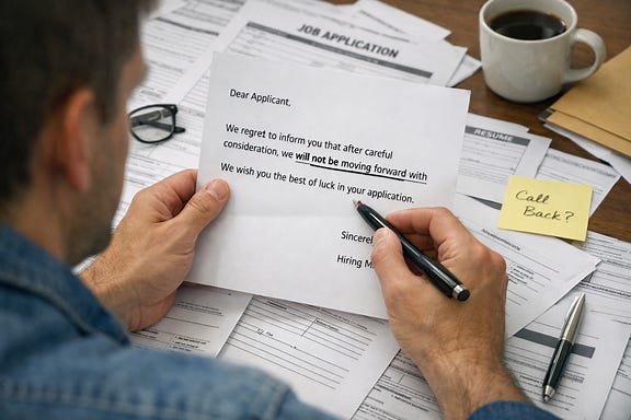 A job seeker pausing to study a rejection letter instead of immediately sending the next application.