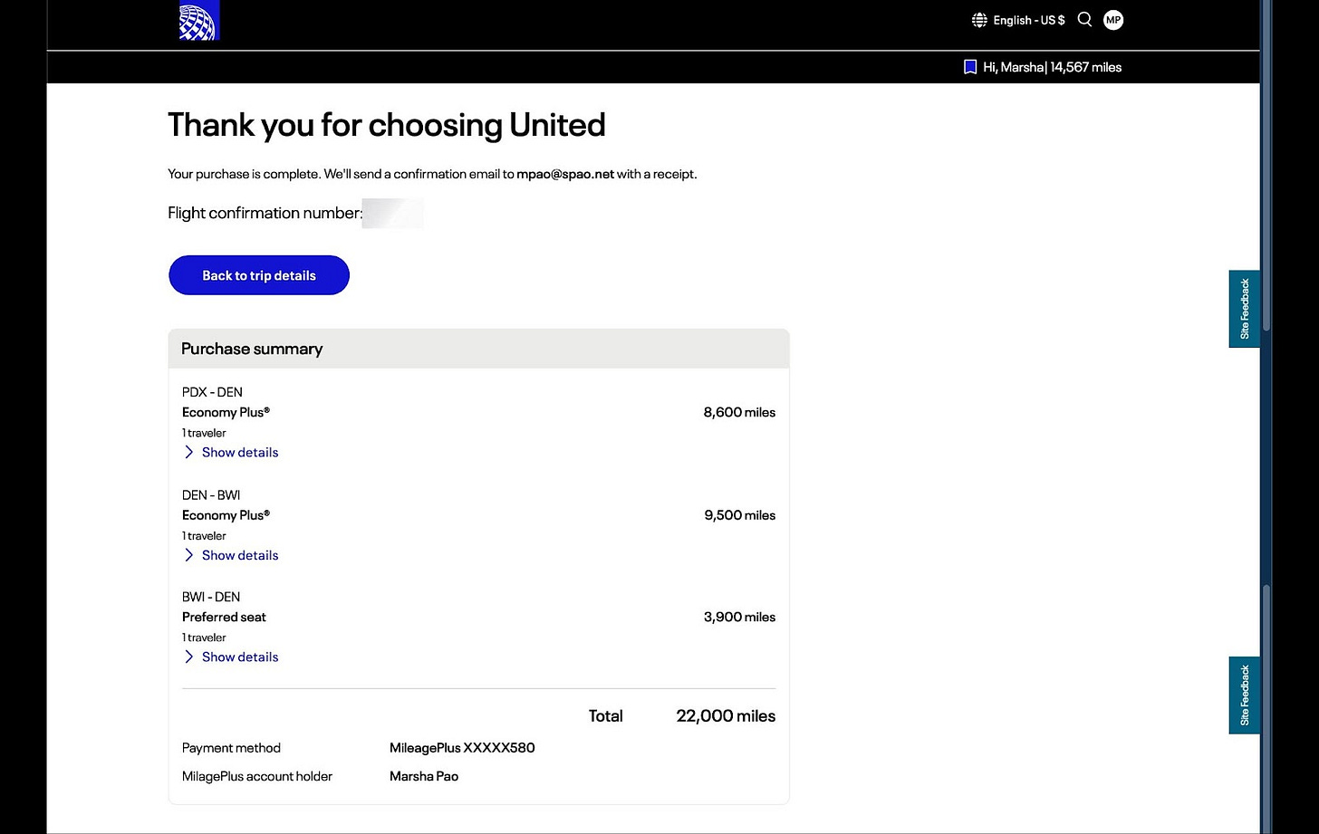 Screenshot of United seat upgrade purchase confirmation Screenshot of United seat upgrade purchase confirmation