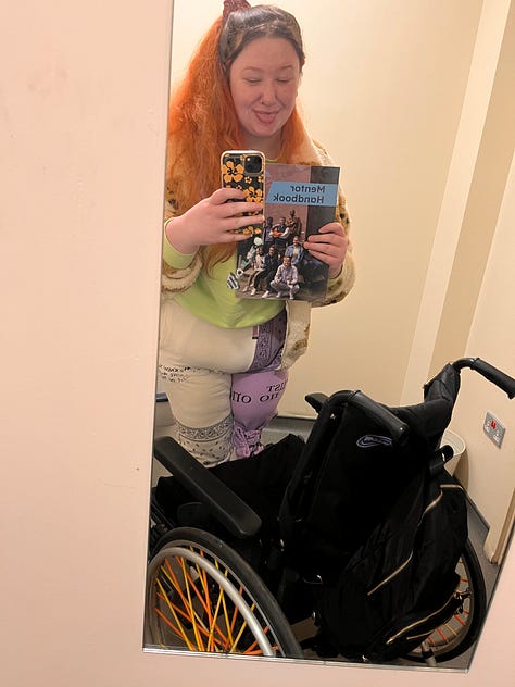 photo 1: A split image showing a person smiling softly inside a car on the left, and the outside of a building with yellow painted lines and parked cars on the right. Text across the bottom reads “first mentorship meeting” with celebratory emojis.  photo 2: A mirror selfie of a person with long orange hair, wearing a fluffy patterned jacket and holding a Mentor Handbook. A wheelchair with orange spokes is visible in front of the mirror.  photo 3: A screenshot of a supportive text message from a friend named Eleanor, expressing pride and encouragement about starting mentoring.