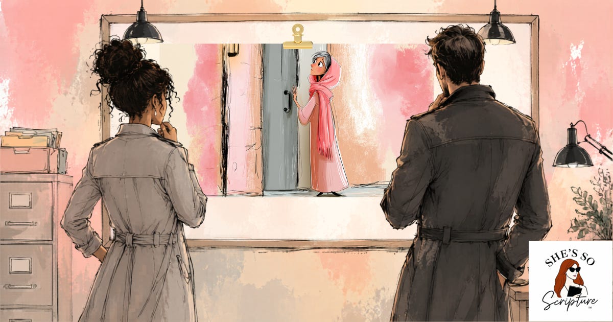 Two detectives looking at an evidence board with an image of the persistent widow
