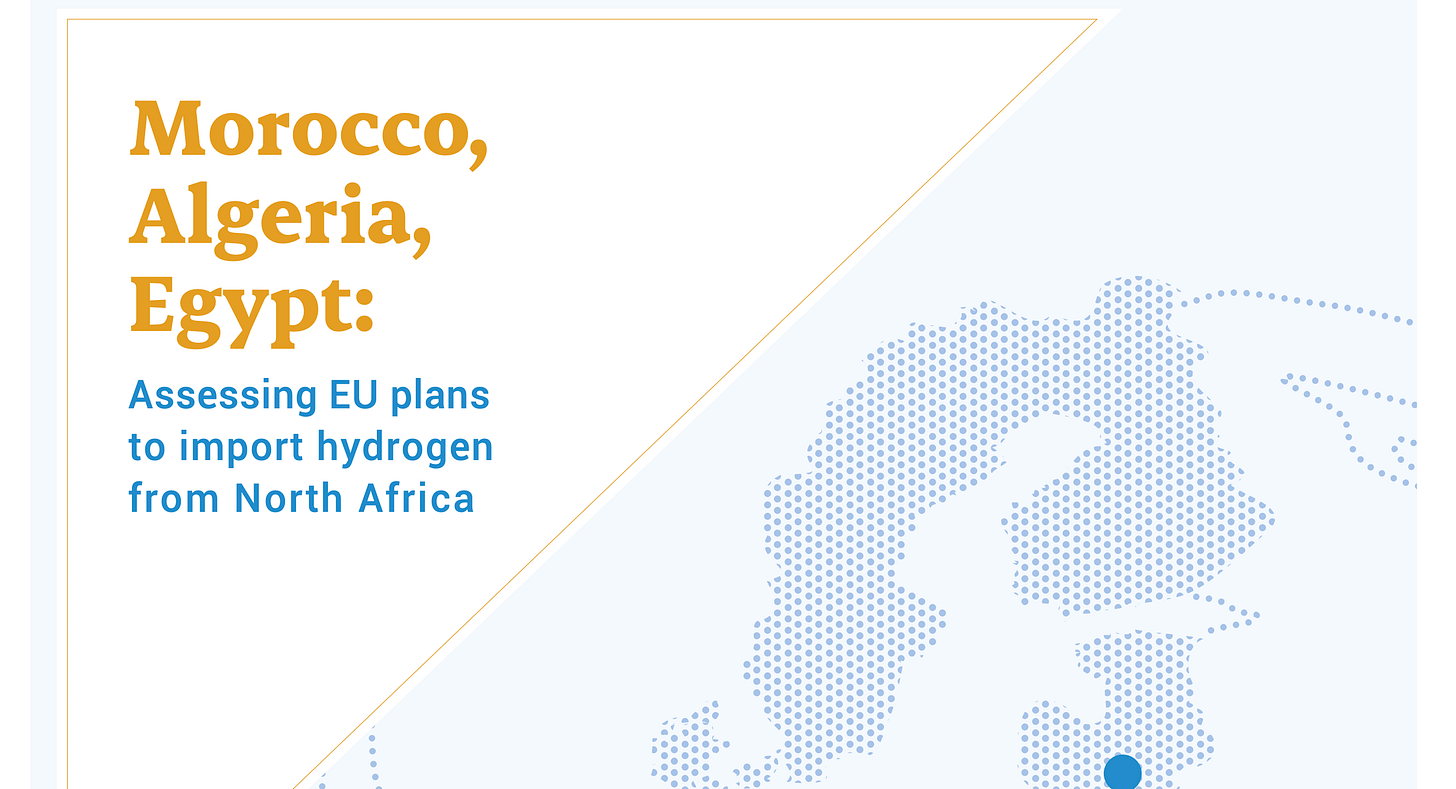 Cover of report on EU hydrogen import plans from Morocco, Algeria, and Egypt.