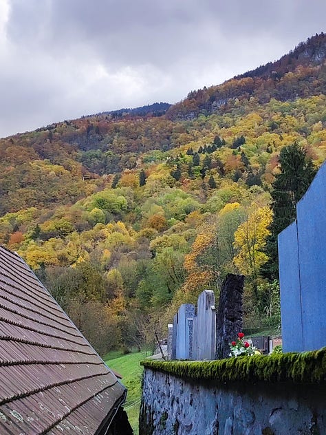 The same view from my study window, from October to December, there is the edge of the cemetery, a workshop roof, and the wooded lower slopes of a mountain, with crags and rock outcrops. The trees are initially vibrant fall/autumnal colours, but then begin to lose their leaves. There are low clouds, and there is snow in some of the photos from December.