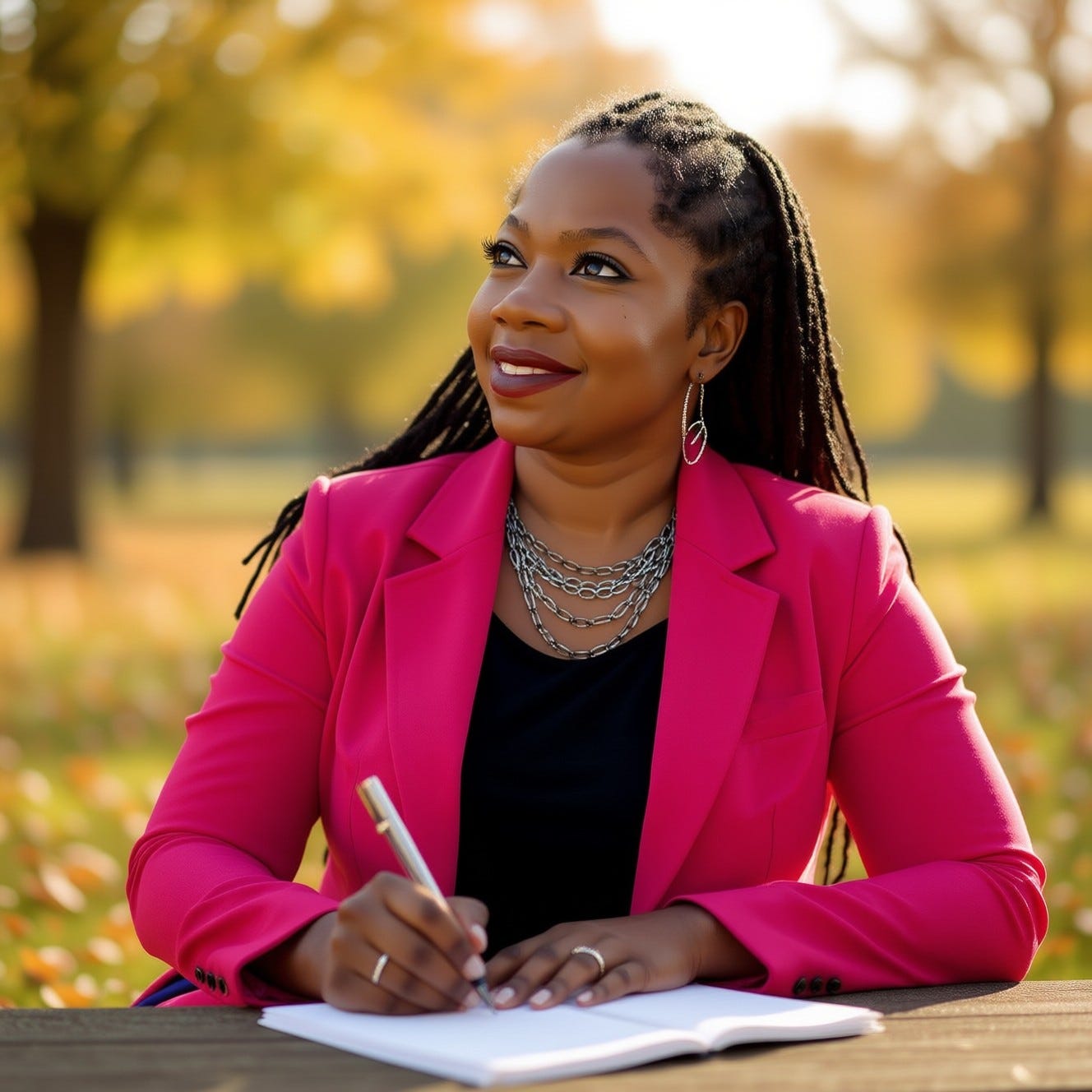 Black woman in hot pink attire, in a seated under warm morning sun, her hand poised over lined paper as she glances toward skkies, background outside delicate fall details, soft bokeh in the background, 8k sharpness