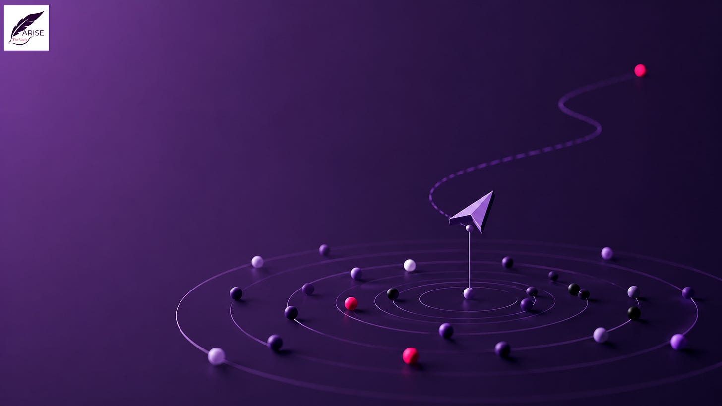 Minimalist abstract illustration showing concentric technology signals converging toward a single decision point on a dark purple background, symbolizing the transition from technology scouting and market intelligence to strategic innovation decision-making. Minimalist abstract illustration showing concentric technology signals converging toward a single decision point on a dark purple background, symbolizing the transition from technology scouting and market intelligence to strategic innovation decision-making.