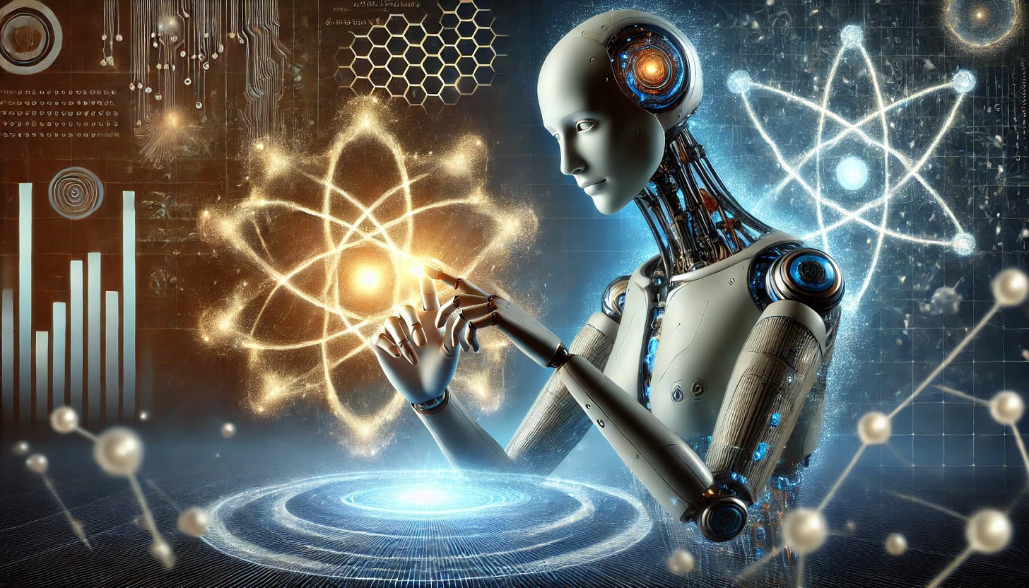 A futuristic illustration showcasing the fusion of Artificial Intelligence and Quantum technology, with a humanoid robot delicately touching a textured surface, symbolizing the power to feel. The robot is surrounded by glowing quantum particles and neural network patterns, with a background of a sleek, high-tech lab environment. The image emphasizes innovation and the groundbreaking intersection of AI and quantum science.