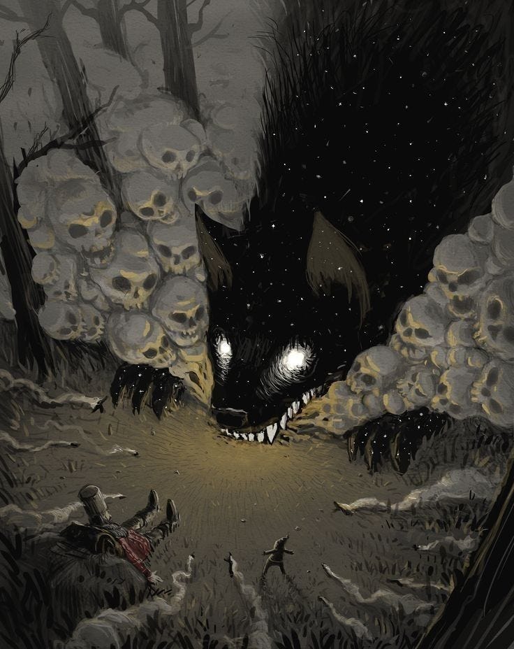 This may contain: a black cat with glowing eyes in the middle of a forest filled with skulls and bones