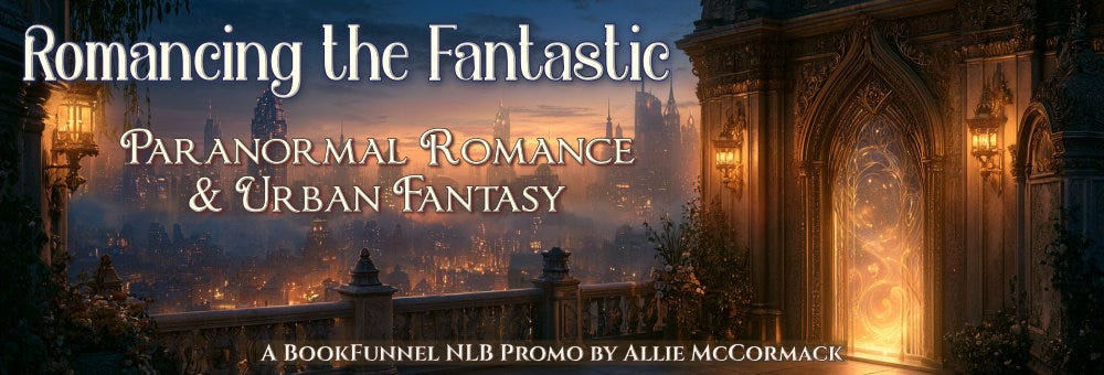 BookFunnel promo banner for “Romancing the Fantastic,” featuring a glowing magical doorway overlooking a fantasy city, promoting paranormal romance and urban fantasy books.