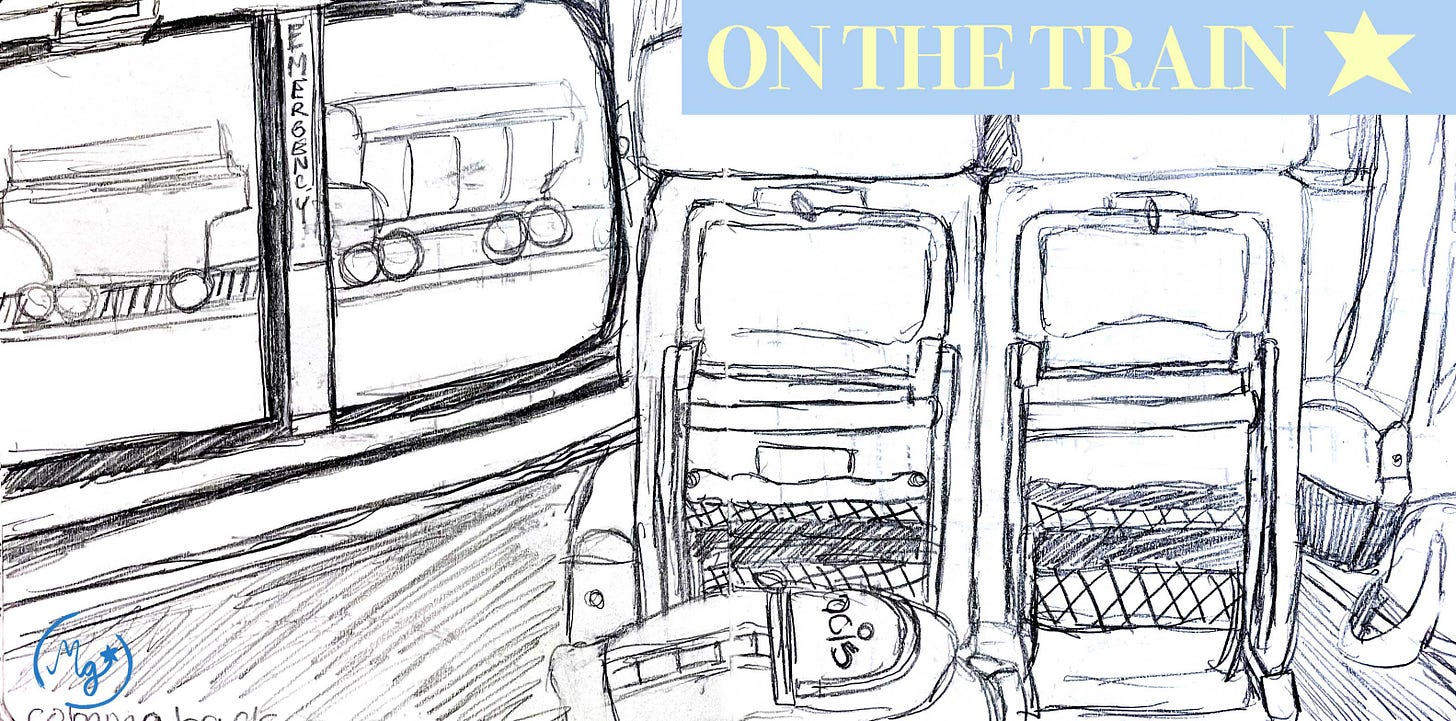 Moongranatum, black and white graphite sketch of a train car interior. Text reads: On the train. 