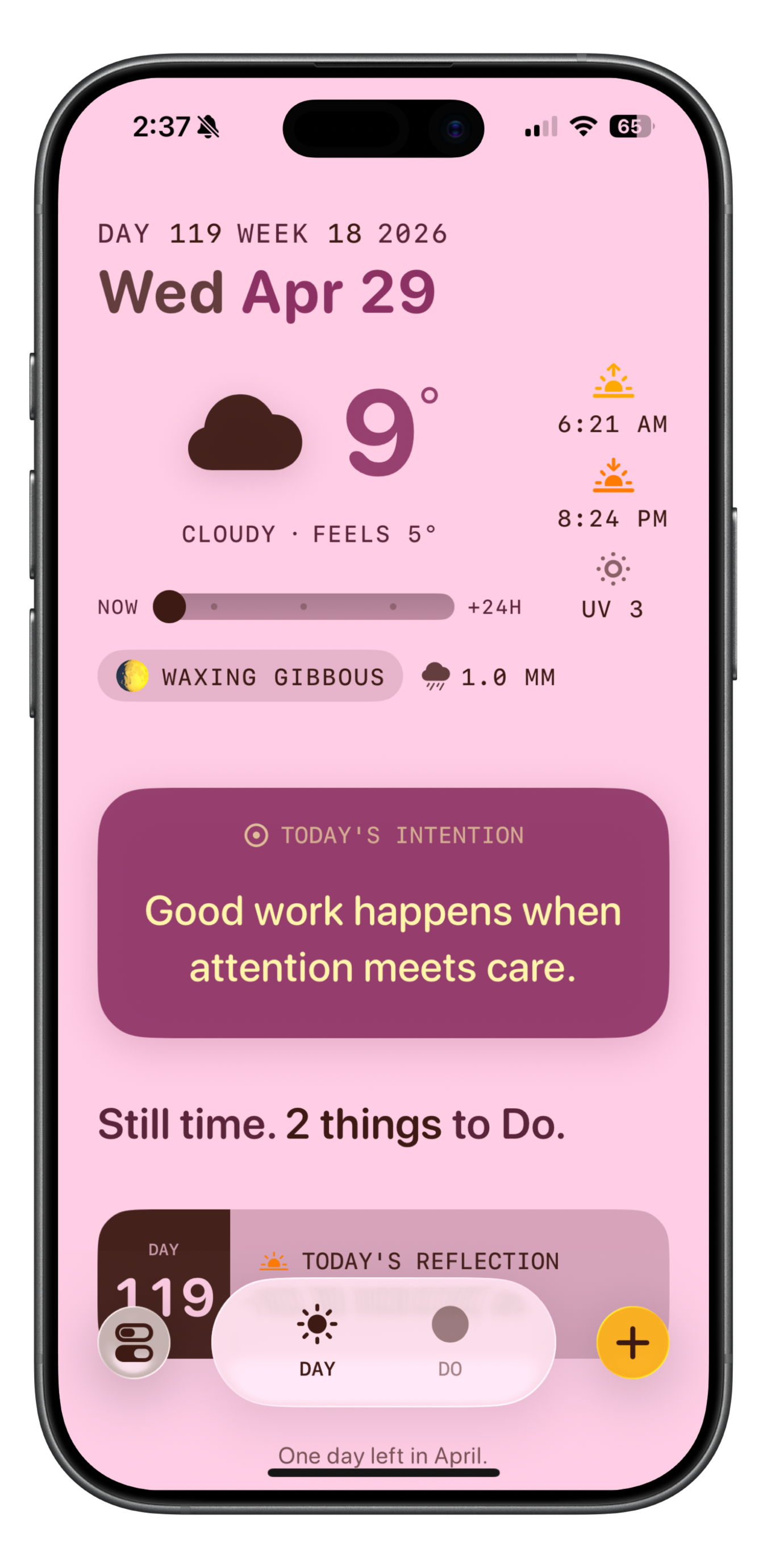 Solarday app on iPhone showing Wednesday April 29, 2026 — Day 119, Week 18 — with cloudy 9° weather, a waxing gibbous moon, today's intention reading "Good work happens when attention meets care," and a note that 2 tasks remain.