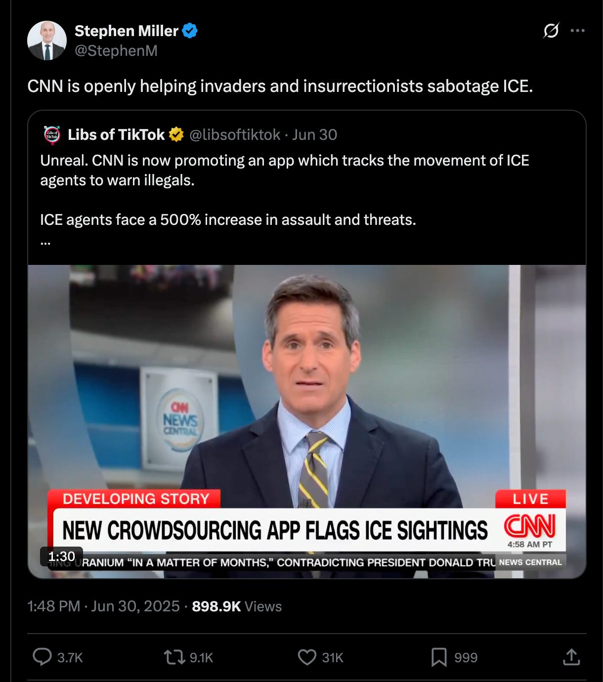 Stephen Miller: CNN is openly helping invaders and insurrectionists sabotage ICE. Stephen Miller: CNN is openly helping invaders and insurrectionists sabotage ICE.