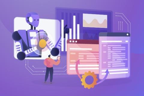 A person interacts with an AI interface, data charts, and code, symbolizing AI-driven development. A person interacts with an AI interface, data charts, and code, symbolizing AI-driven development.