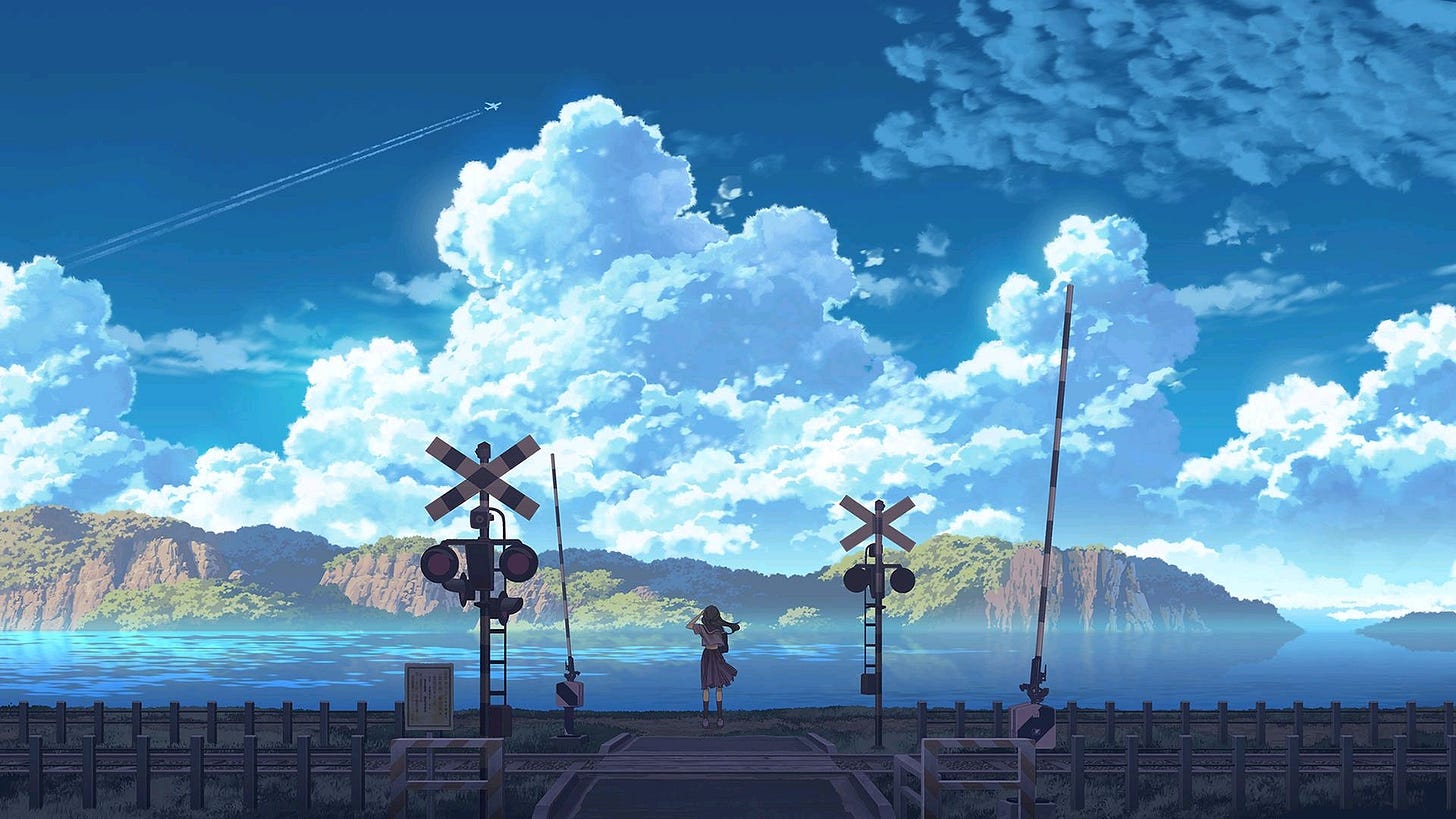 Anime 1920x1080 clear sky clouds sea blue anime anime sky women outdoors standing railway crossing railway anime girls