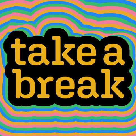 The words take a break have pink, blue, green and orange waves radiating out 