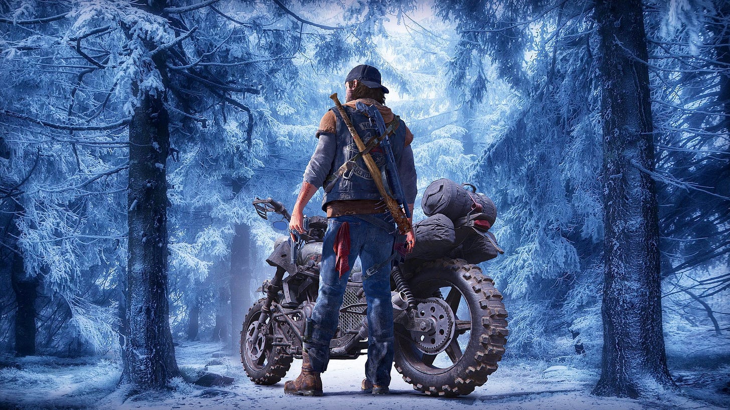 A gameplay style image of game protagonist Deacon St John with a motorbike, facing away from the camera