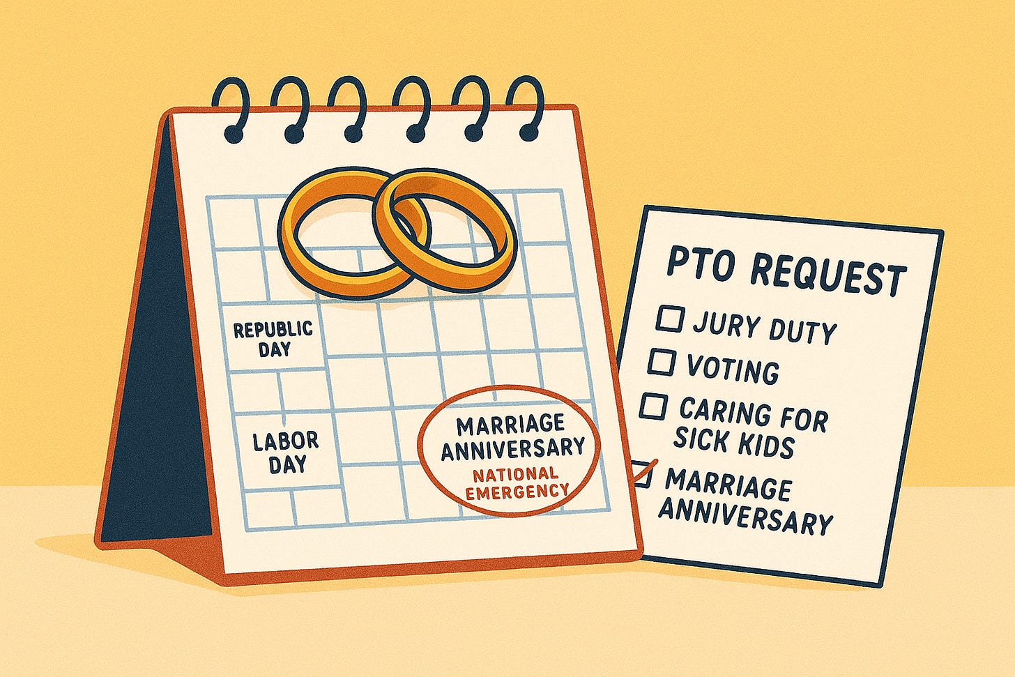 Minimalist illustration of a desk calendar highlighting Republic Day and Independence Day, with wedding rings beside a PTO form marked ‘Marriage Anniversary’ and ‘National Emergency.’ Satirical nod to love, national holidays, and HR bureaucracy.