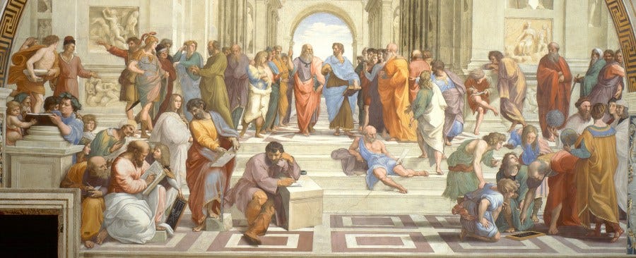 Detail from The School of Athens by Raphael, with Plato & Aristotle at the center