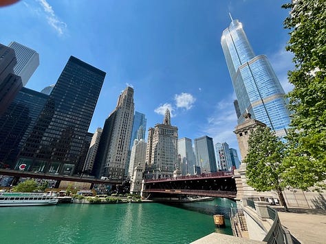 Top left: Shedd Sea Lion Experience, Tzuco durazno, Chicago River, the Bean, Crown Fountain, Milk Bar red velvet cheesecake cake