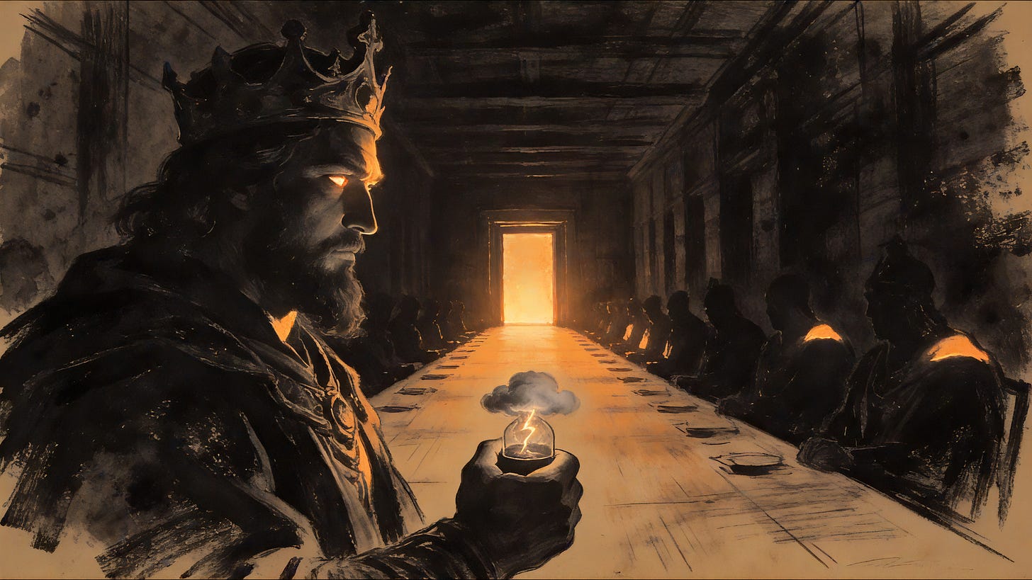 A crowned king sits at the head of a long hall holding a small storm cupped in his fist. His face is lit, but his eyes are fixed down the hall on a distant lit doorway. Warm-amber charcoal.