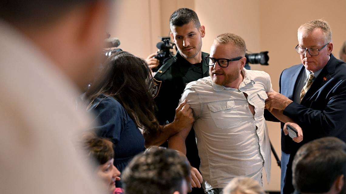 Heckler Disrupts DeSantis Press Conference in Bradenton Over Epstein Controversy