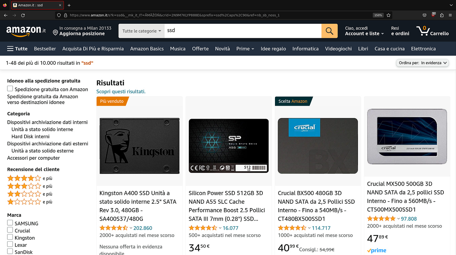 A search result page of amazon.it is displayed. `ssd` is the search term