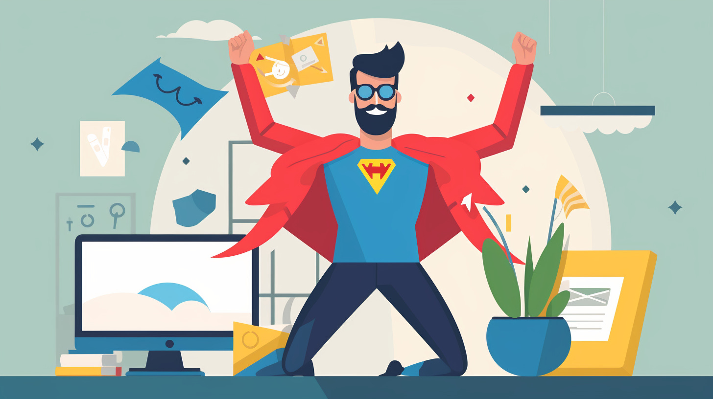 A vector illustration of a Product Designer wrestling with design elements, as a featured hero image, eye-catching, fun, and interesting by John Wayne Hill